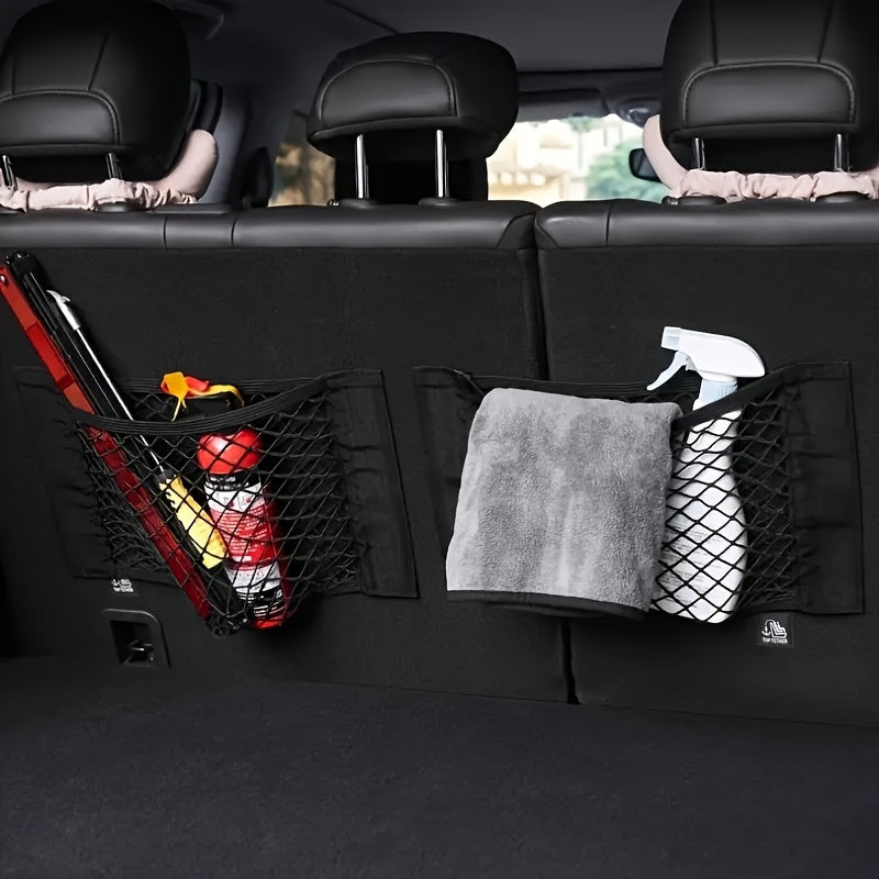 Heavy-duty Car Trunk Organizer, Double-layer Mesh Storage Bag with Elastic Edges and Hook-and-loop Fasteners - Suitable for SUVs, Sedans, Trucks - Securely Holds Bottles, Tools, Fire Extinguishers - Easy-to-install Car Interior Accessory