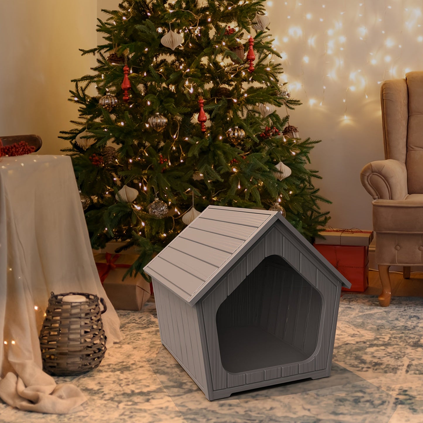 Outdoor Cat House XL Resin Weatherproof Cat Shelter with Raised Floor Indoor Outdoor Small Animal Enclosure Easy Assembly Cat Play Cage 23.43x22.64x22.8 Inch