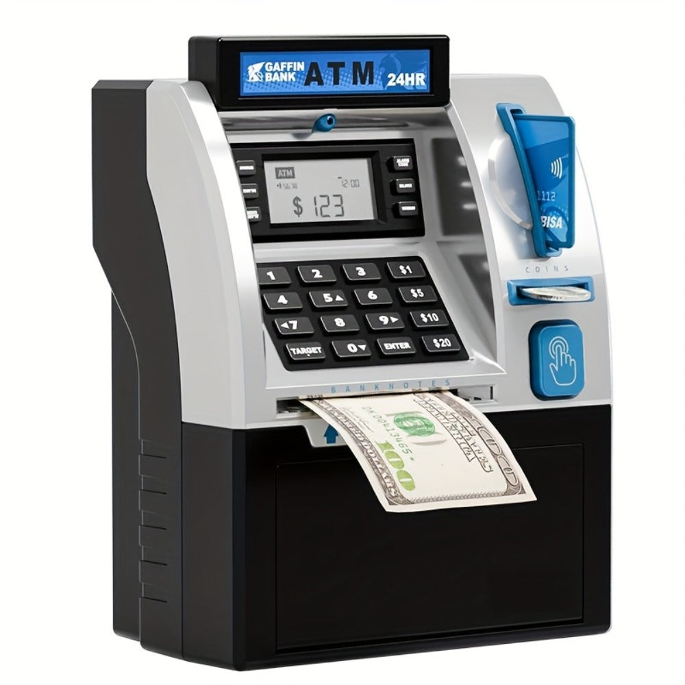 Electronic ATM Kids Piggy Bank with Password – Banknote & Coin Savings Bank for Boys Girls, Birthday Gift, Christmas Gift, Interactive Money Bank Toy, Black & Blue