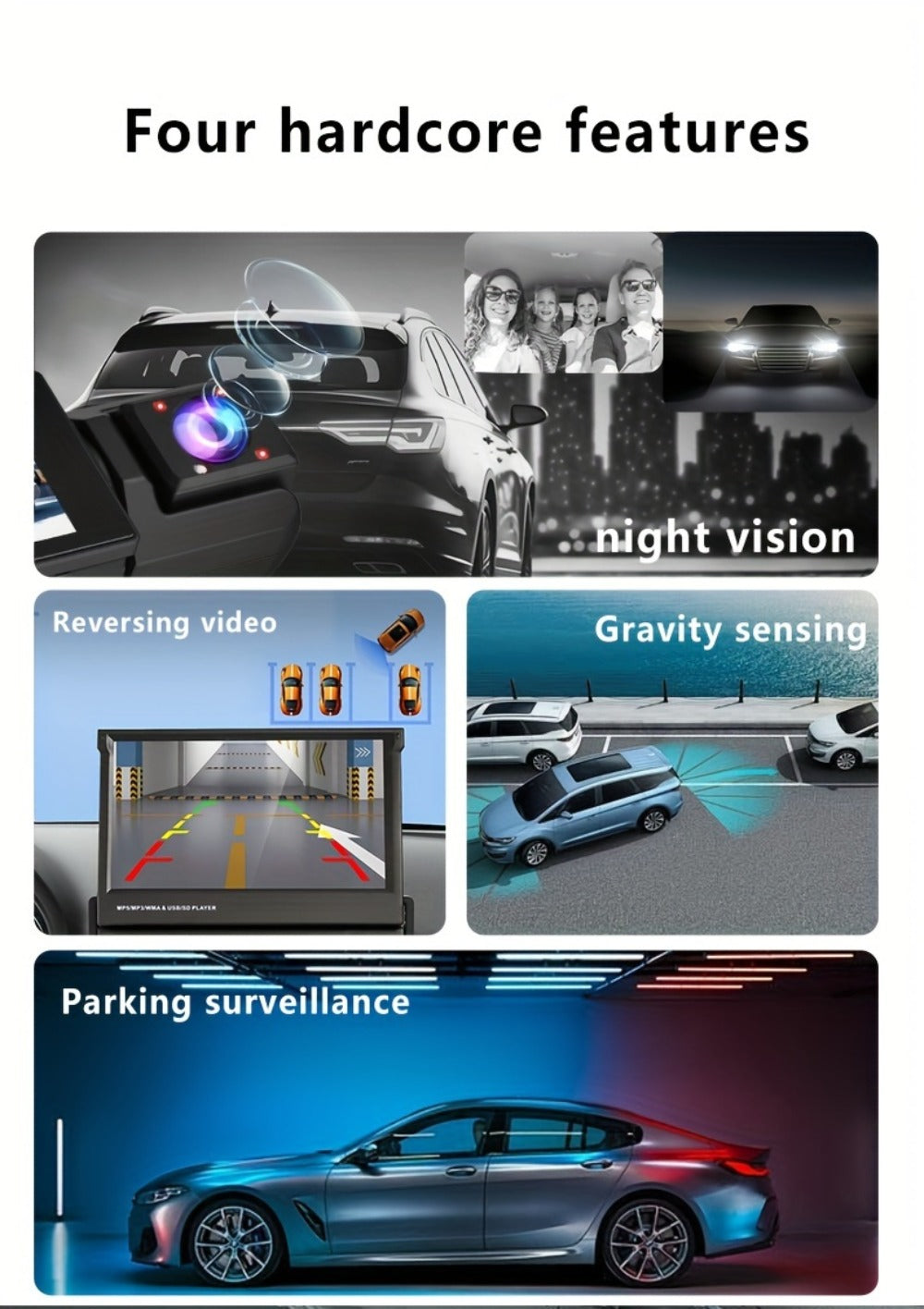 Dash Cam 3-Channel Front Inside Rear – 1080P 170° Wide Angle WiFi Night Vision Loop Recording G-Sensor with 2" IPS Screen & 32GB Card