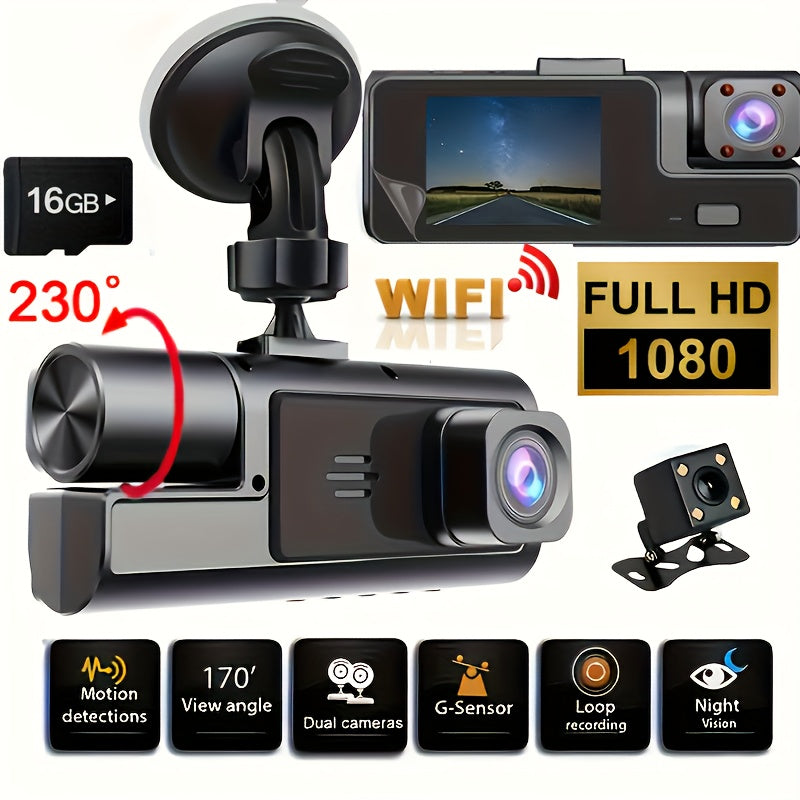 1080P Triple Camera Dash Cam, Dash Camera For Cars, Car Camera With IR Night Vision, 170°Wide Angle Car DVR Camera, 16GB/32GB TF Card Optional, Loop Recording, G-Sensor |2Inch IPS Screen Dual Lens Car Dashboard Video Cam, 24H Park Mode