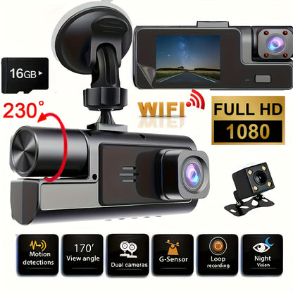 1080P Triple Camera Dash Cam, Dash Camera For Cars, Car Camera With IR Night Vision, 170°Wide Angle Car DVR Camera, 16GB/32GB TF Card Optional, Loop Recording, G-Sensor |2Inch IPS Screen Dual Lens Car Dashboard Video Cam, 24H Park Mode