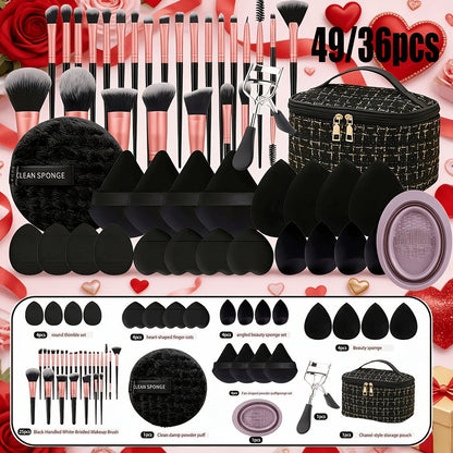 49Pcs Professional Makeup Brush Set Super Soft Nylon Bristles with Expandable Storage Box Concealer Contour Sponge Eyeshadow Powder Highlight Blending Kit Wet Dry Use Women Black Milky White