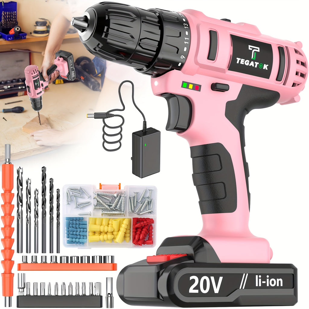 20V Cordless Drill Set, Impact Power Drill with 3/8 Inch Keyless Chuck, 18+3 Clutch Electric Drill with Work Light, Max Torque 45Nm, 2-Variable Speed And 2.0AH Batteries And Fast Charger
