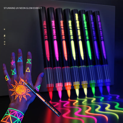 Face Body Paint Pen Set 8 Colors with 105 Tattoo Stencils – Glow in the Dark Neon UV Blacklight Face Paint Kit Easy Apply & Remove for Halloween Party Festival Cosplay Stage