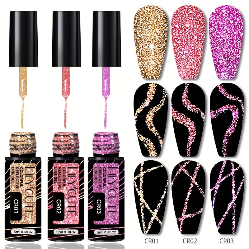 Reflective Glitter Line Gel Nail Art Set LILYCUTE Sparkling Stripe 3pcs 5ml Each - Ultra-Thin Pull Line Drawing Graffiti Gel Polish LED UV Cured DIY Home Manicure for Women