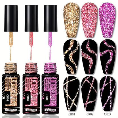 Reflective Glitter Line Gel Nail Art Set LILYCUTE Sparkling Stripe 3pcs 5ml Each - Ultra-Thin Pull Line Drawing Graffiti Gel Polish LED UV Cured DIY Home Manicure for Women