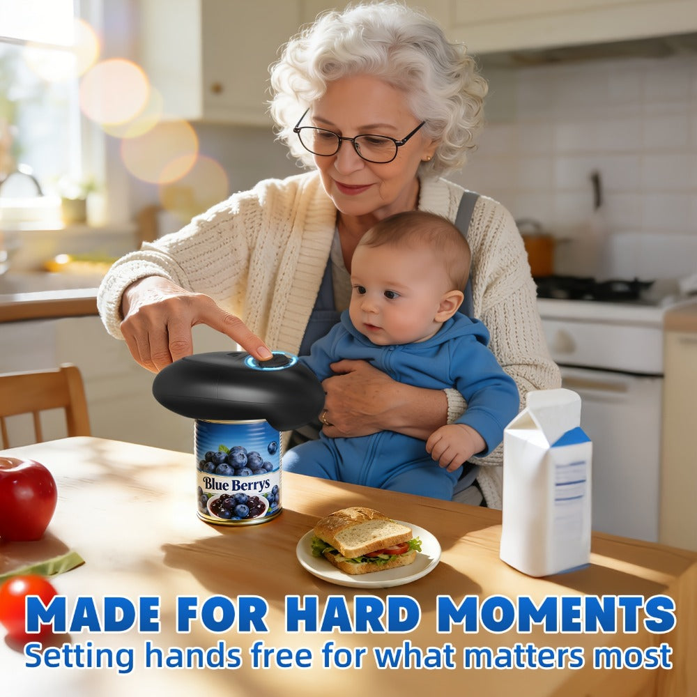 Electric Can Opener One Touch Automatic – Smooth Edge Safety Cut, Hands-Free Operation, Portable Cordless Design for Kitchen & Outdoor, Easy for Seniors & Arthritis Sufferers