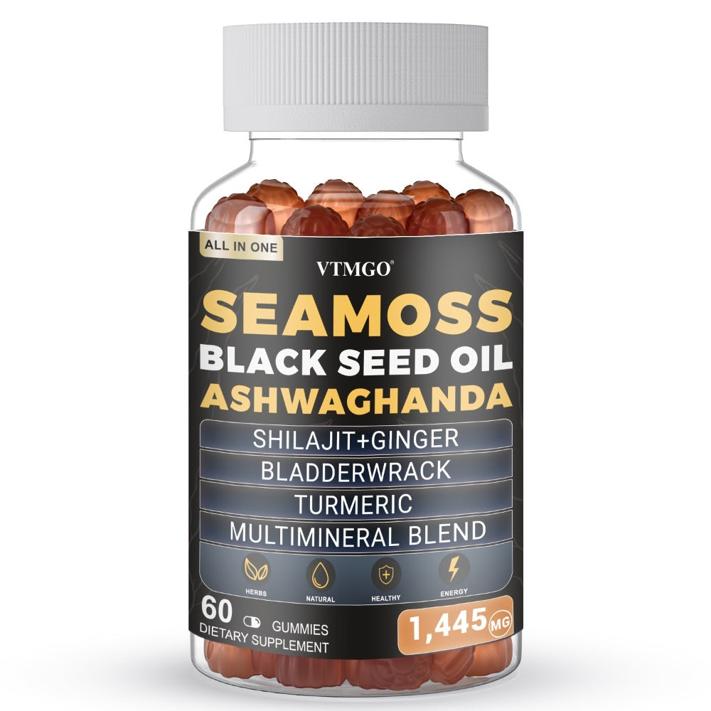 Sea Moss Gummies 1445mg with Shilajit Black Seed Oil Ashwagandha Elderberry Chlorophyll Turmeric Bladderwrack Ginger — 8-in-1 Antioxidant Superfood Supplement for Immunity Energy Gut Health & Wellness 60 Count