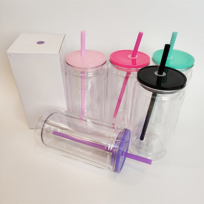 Clear Plastic Snow Globe Tumblers 16oz Double Wall Bulk Set 25 or 50 Cups Pre-Drilled Hole Colored Lid Straw for Iced Coffee Boba Soda Party DIY Customization