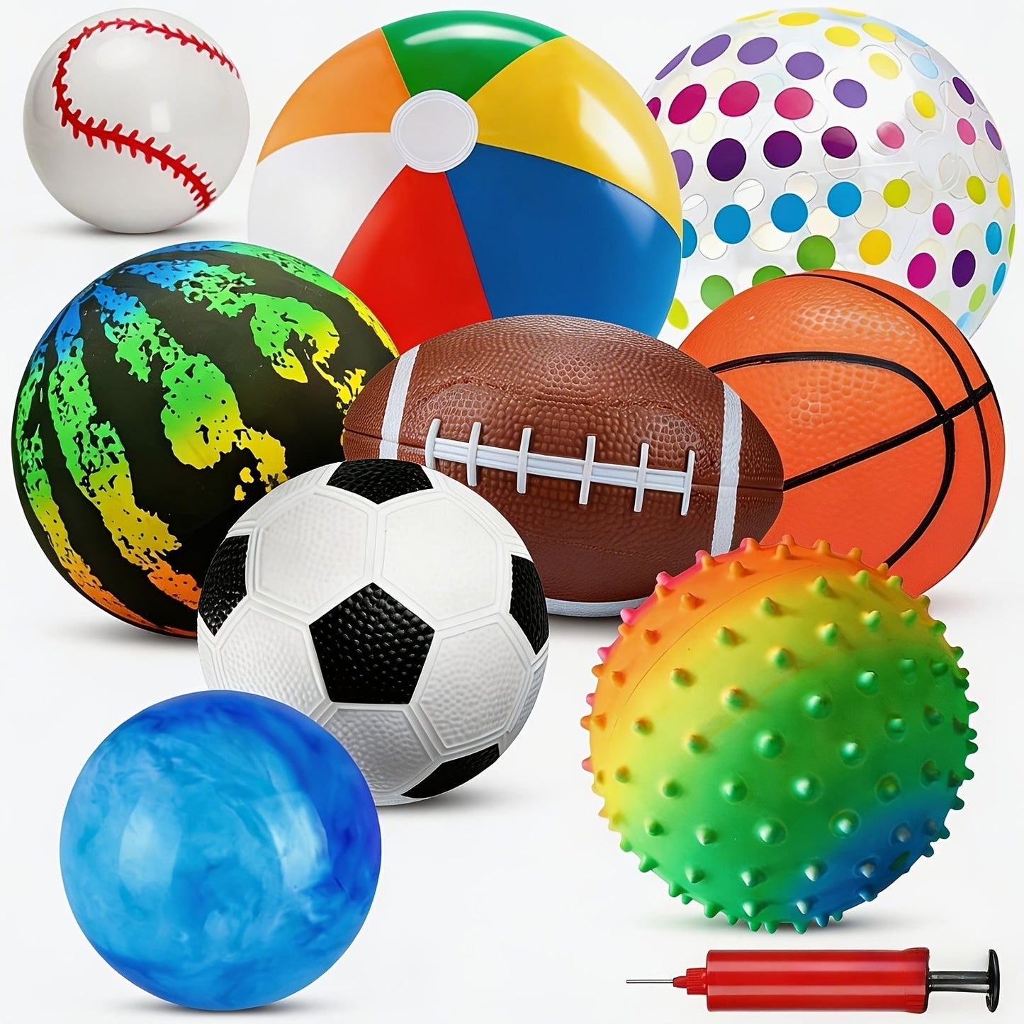 Kids Playground Balls Set 9 Pack with Air Pump – Inflatable Assorted Sports Balls for Outdoor & Indoor Play | Soccer, Basketball, Football, Baseball, Spiky Sensory & Bouncy Balls | Pool Beach Party Favors