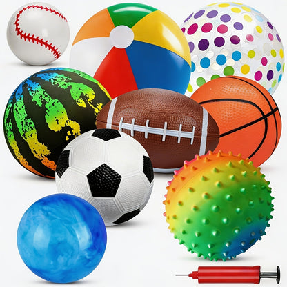 Kids Playground Balls Set 9 Pack with Air Pump – Inflatable Assorted Sports Balls for Outdoor & Indoor Play | Soccer, Basketball, Football, Baseball, Spiky Sensory & Bouncy Balls | Pool Beach Party Favors