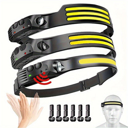Motion Sensor COB Headlamp 3 Pack + 6 Hooks, 230° Wide Beam Rechargeable LED Head Lamp, 5 Modes COB & LED Headlamps for Adults, Hard Hat Headlight, Headband Flashlight for Camping, Work & Hiking