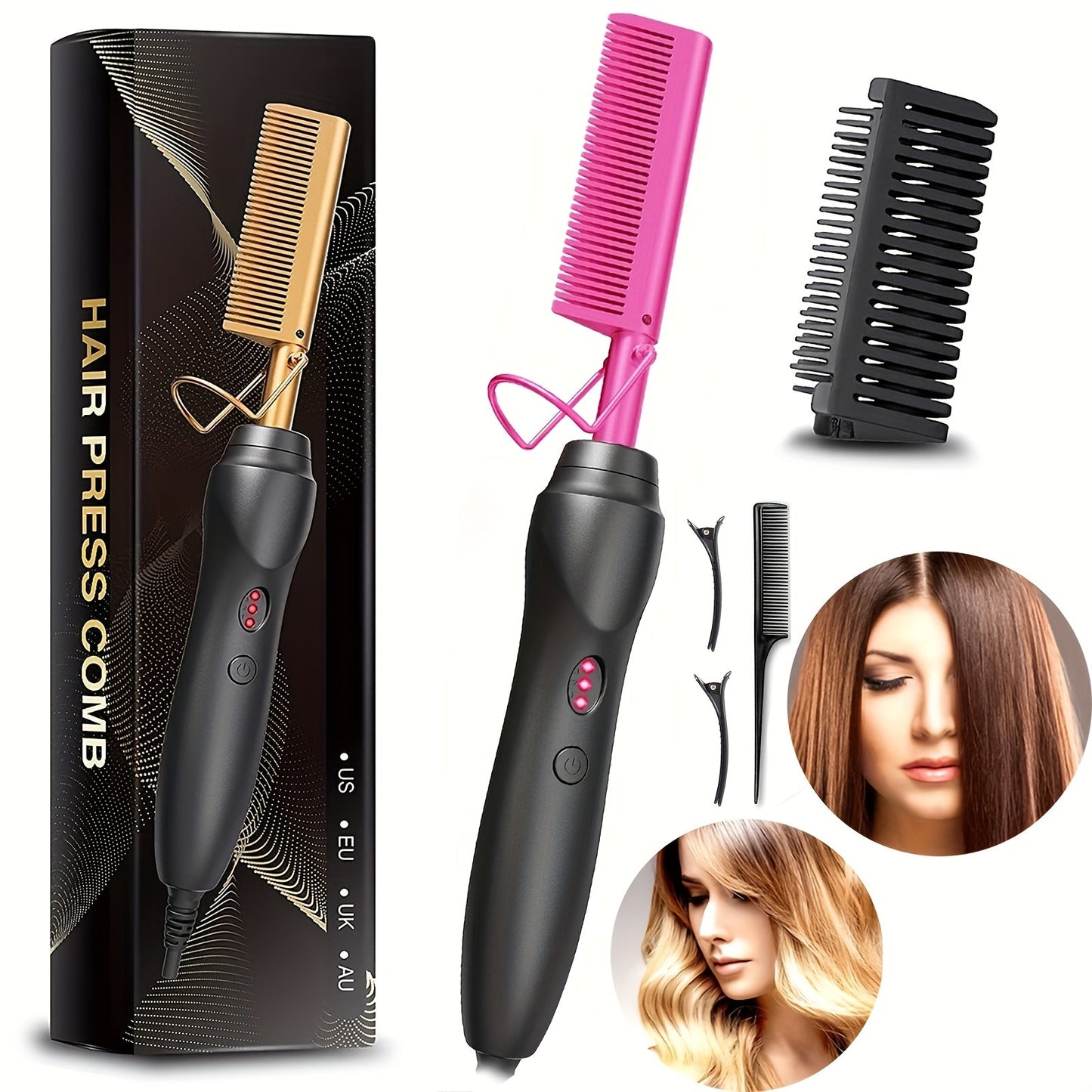 Hot Comb Hair Straightener Electric Ceramic – Portable Anti-Burn Press Comb for Natural Hair & Beard Straightening – Pink, Gold, Black, Gradient, Avocado Green