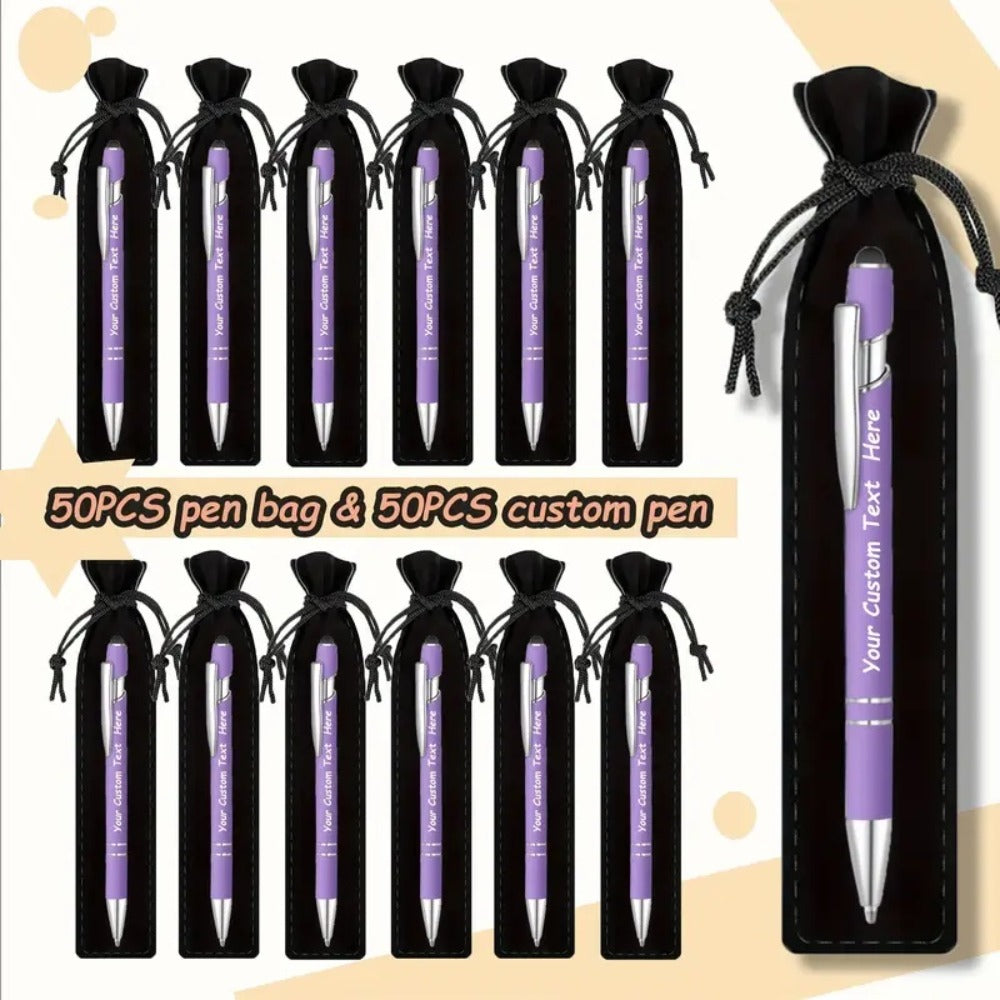 Custom Ballpoint Pens with Pencil Pouch Bulk Set – Personalized Ballpoint Pen Pack for Corporate Gifts, School Supplies, Office Promotions | 20/30/80 PCS Customized Pen & Bag Bundle