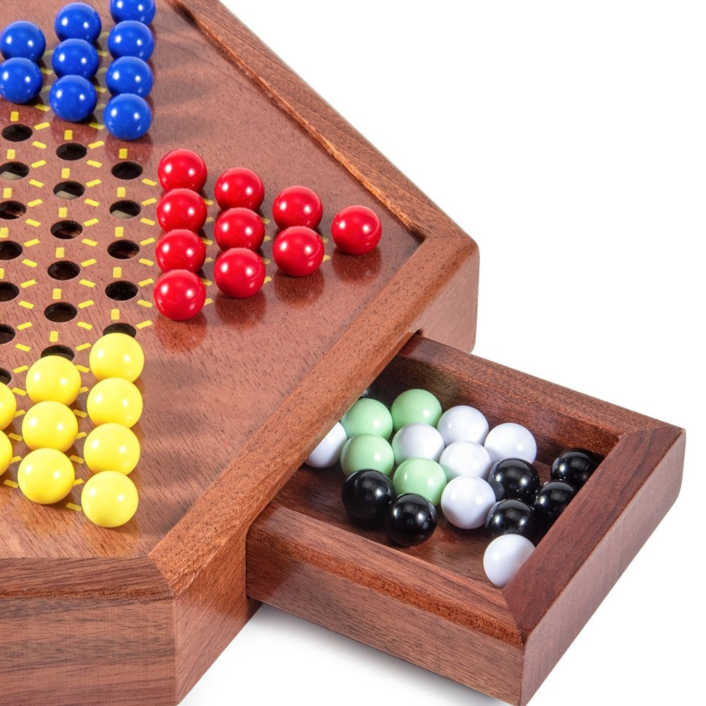 Deluxe Wooden Chinese Checkers Game Set 12.5 Inch Hexagonal Board with Storage Drawer 60 Acrylic Marbles – Classic Family Strategy Board Game for Kids Adults Game Night Gift