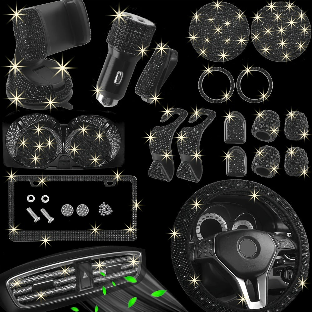Bling Car Accessories Set 27pcs - Glitter Steering Wheel Cover 15 Inch, Bling License Plate Frame, Phone Holder & Car Coasters for Women & Men