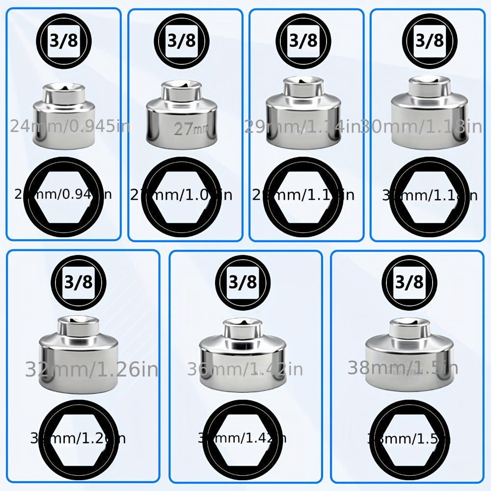 7-Piece Oil Filter Wrench Socket Set – CR-V Steel Hexagonal Cap Wrenches 24mm to 38mm, 3/8-Inch Drive, Universal Fit for Car Oil Filter Removal & Replacement