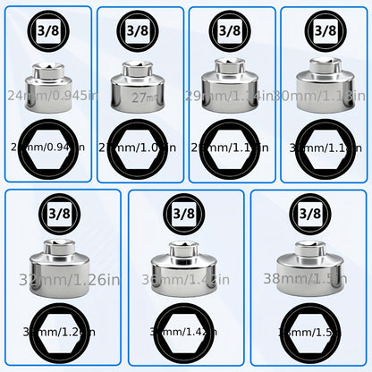 7-Piece Oil Filter Wrench Socket Set – CR-V Steel Hexagonal Cap Wrenches 24mm to 38mm, 3/8-Inch Drive, Universal Fit for Car Oil Filter Removal & Replacement