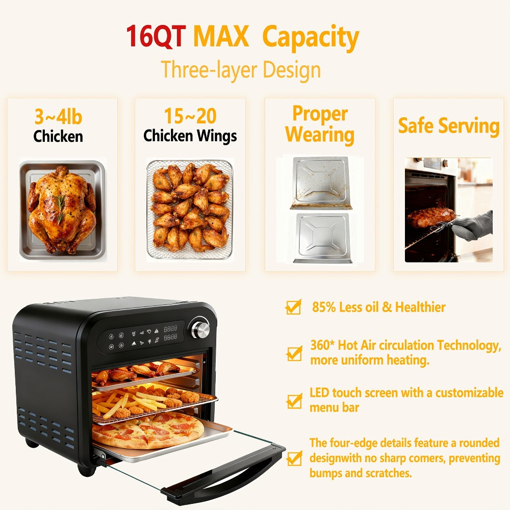 Air Fryer Toaster Oven Combo 15QT Extra Large, 360° Convection, LED Digital Display, Precise Temperature Control – Stainless Steel Interior, 5 Accessories, Healthy Low-Oil Cooking for Family Kitchen