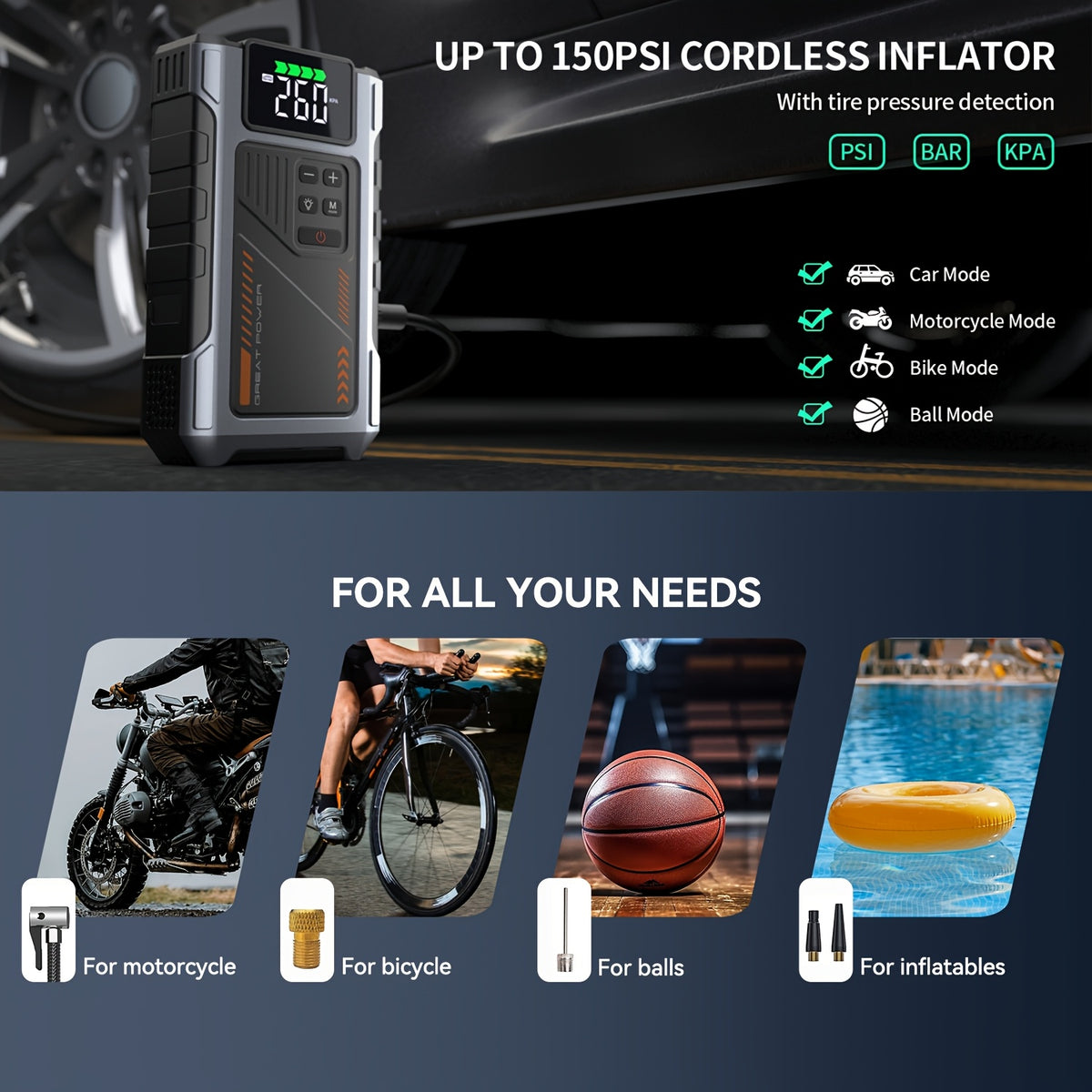 4000A Peak Car Jump Starter with Air Compressor, All-in-One Portable Battery Jump Starter & Tire Inflator, Suitable for 2.38 Gal Gas/ 1.98 Gal Diesel Engines, Car Battery Charger with LED Light & USB Power Bank Function, Car Jump Starter