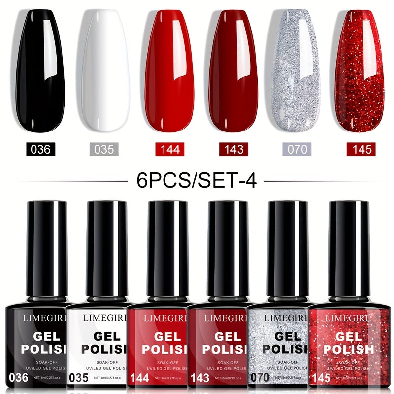 Soak-Off Gel Nail Polish Set 6pcs Hypoallergenic - Fall & Winter Glitter and Solid Colors UV LED Long-Lasting Toxin-Free DIY Nail Art Kit for Women, Home Manicure, Christmas Gift for Nail Lovers
