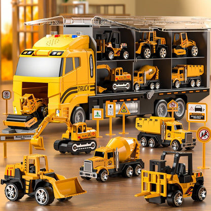 13-in-1 Construction Truck Vehicle Toy Set with Die-Cast Metal Cars & Play Mat – Transport Carrier Playset for Toddlers & Kids Ages 3+ STEM Learning Gift Boys Girls