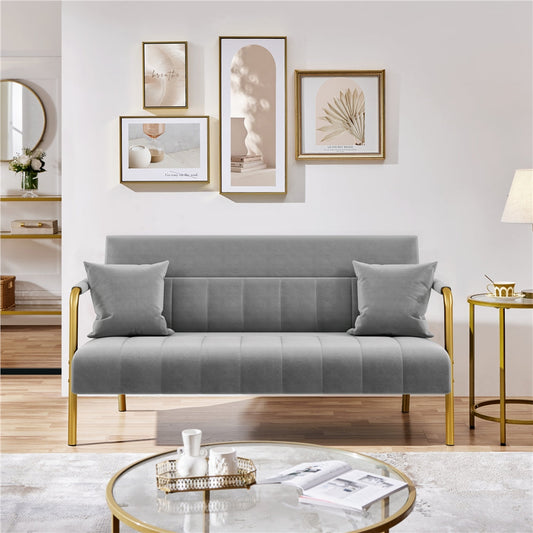 Loveseat Sofa, Velvet 56.5 Inch Modern Couch with Gold Tone Metal Legs Arms and 2 Pillows shown in the main product view