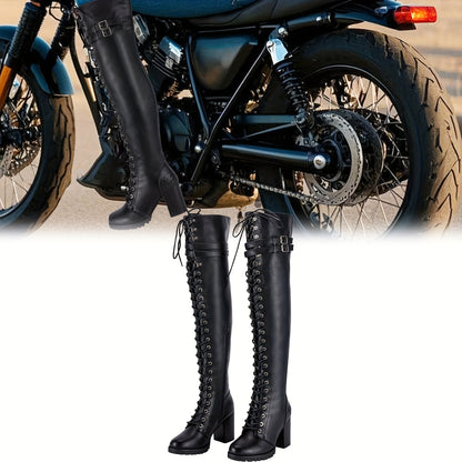 Women'S Faux Leather Over The Knee Thigh High Boots, Black Lace Up Knee High Boots with Chunky Heel, Sexy Biker Boots with Buckle