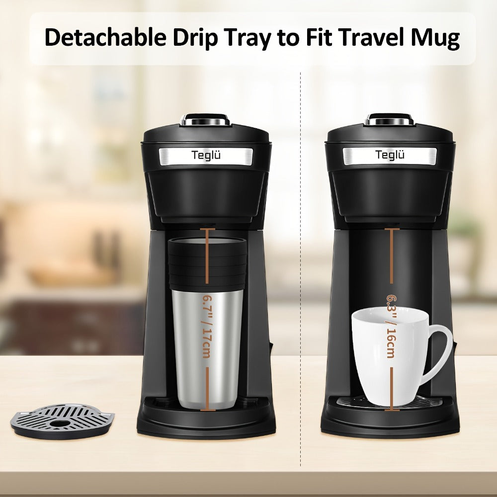 Single Serve Coffee Maker 2-in-1 for K-Cup Pods and Ground Coffee One-Button Operation 6-14oz Brew Sizes Auto Shut-Off Stainless Steel Drip Coffee Machine Blue Black Red Grey