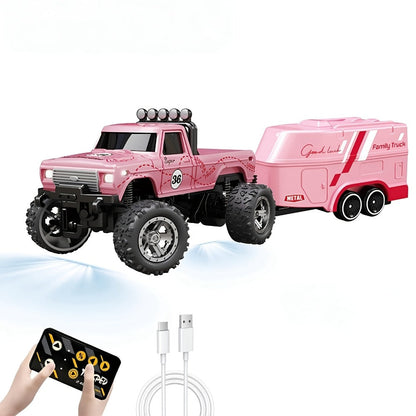 Mini RC Off-Road Truck with Trailer 1:64 Scale Die-Cast Remote Control Car – 2.4GHz Climbing Vehicle with Lights Rechargeable Adjustable Speed | Pocket-Sized RC Toy for Boys | Best Birthday Christmas Gift