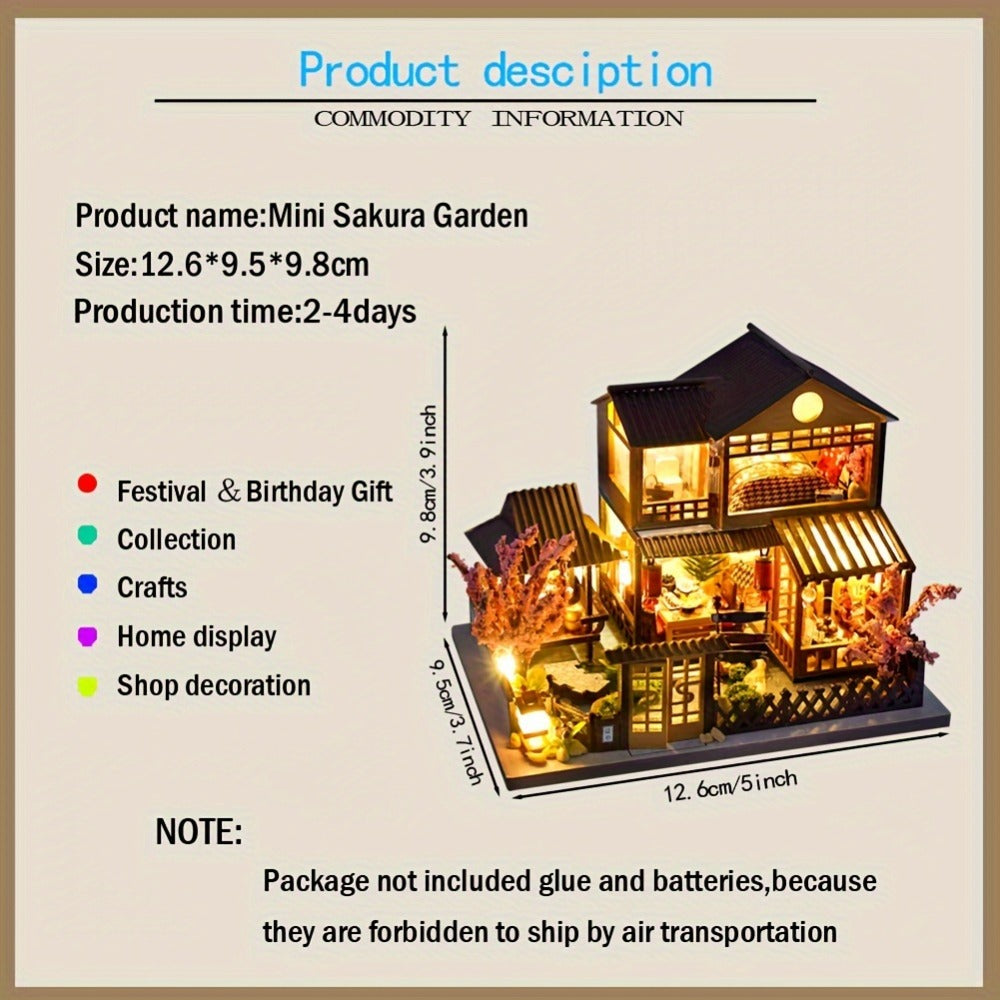 DIY Miniature House Kit – Sakura Garden Villa Wooden Dollhouse with Full Furniture & Accessories, Japanese Cherry Blossom Style, Creative Craft Gift for Adults Teens Women