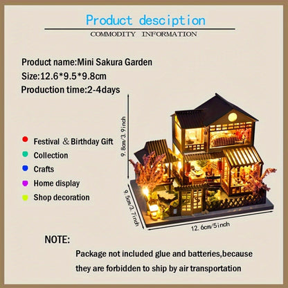 DIY Miniature House Kit – Sakura Garden Villa Wooden Dollhouse with Full Furniture & Accessories, Japanese Cherry Blossom Style, Creative Craft Gift for Adults Teens Women