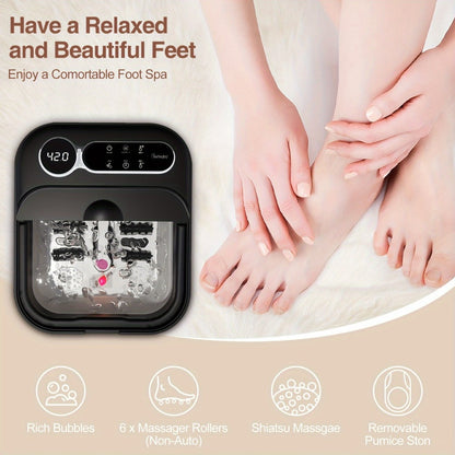 Foot Spa Massager Collapsible with Heater & Temperature Control – Foot Bath with Bubbles, 6 Massage Rollers, Vibration, Red Light Therapy & Auto Massage for Home Foot Care, Black Blue