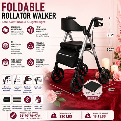 Rollator Walker for Seniors Foldable with 8-Inch Big Wheels, Durable Aluminum All-Terrain Rolling Walker with Ergonomic Backrest & Dual Adjustable Height, Upright Walker Option Available for Elderly
