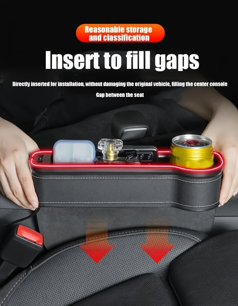 Car Seat Gap Storage Box, Phone Holder Charger, Clutter Organizer, Car Seat Gap Organizer with LED Ambient Lighting, Faux Leather Multi-Function Console Side Bag with Dual USB Charging Ports, for Vehicle Interior Additions