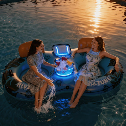 2 Person Inflatable Pool Float Bed with Detachable Cooler & 2 Cup Holders – Heavy Duty Double Adult Lounge Raft for Swimming Pool River Lake Drifting Summer Couples Gift