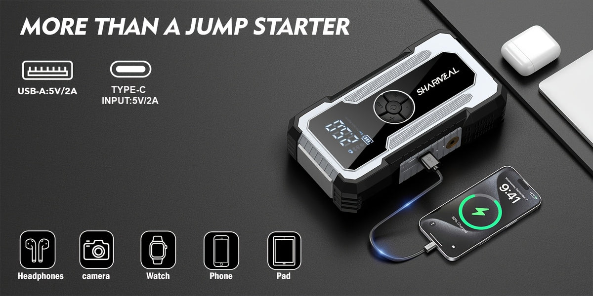 SHARMEAL 16000/20000A 17-in-1 Portable Jump Starter With Air Compressor, Jump Starter For Car, Multi-Function Power Pack With Tire Inflator, LED Light & Power Bank, For 12V Vehicles (All Gas & Diesel Engines), Cars, Trucks, SUVs, RVs & Motorcycles