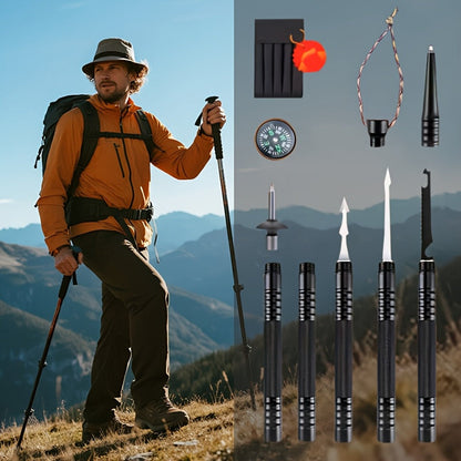 Tactical Trekking Pole Adjustable Hiking Stick | Titanium Alloy with Built-In Compass Canvas Storage Pouch & Combination Lock | Multi-Function Outdoor Hiking Camping Survival Gear Gift Black