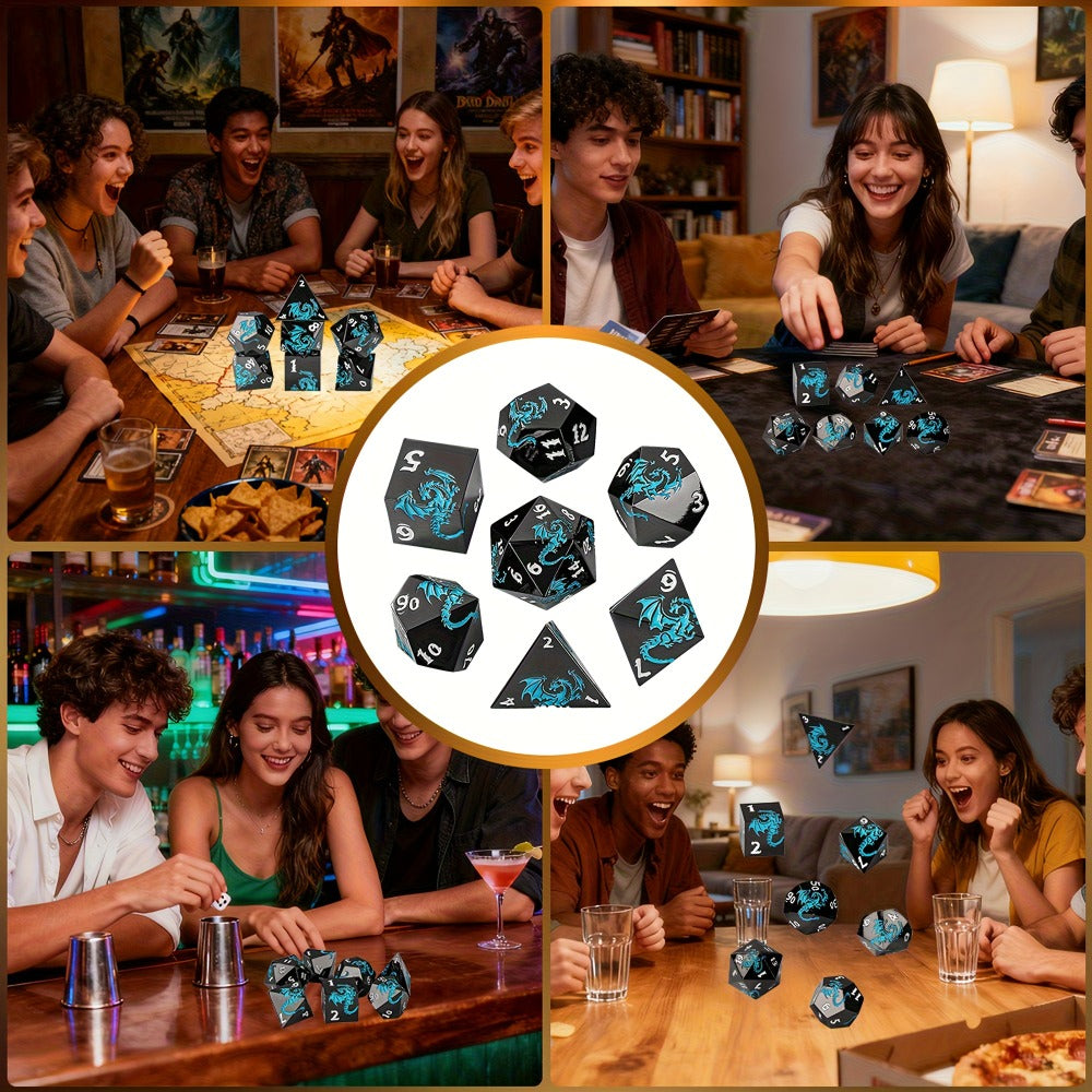 Dragon Metal Dice Set 7pcs Hand-Polished – Retro Carved Dragon Pattern Polyhedral DnD TTRPG RPG Dice with Dragon Storage Bag, D4 D6 D8 D10 D12 D20, Bronze Silver Black Blue White Cyan