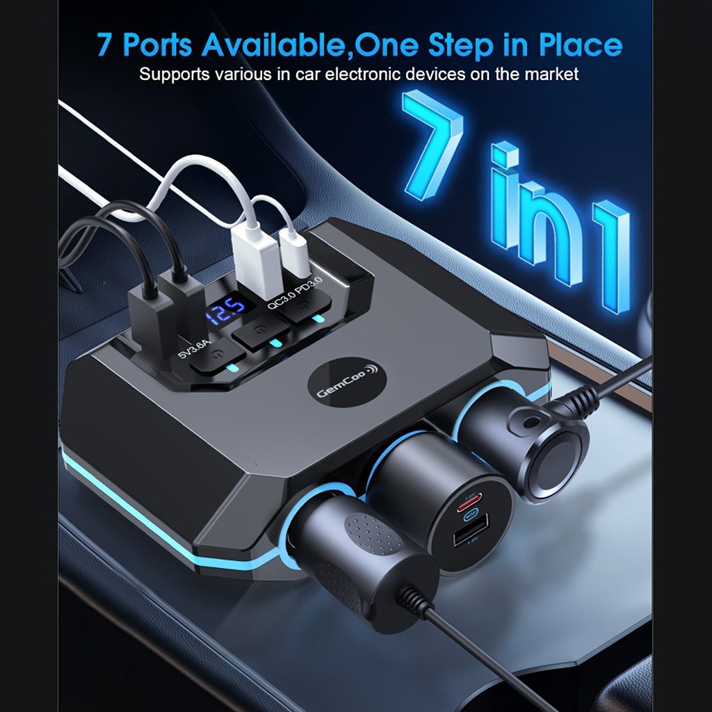 QC3.0 Car Lighter Socket Splitter Upgrade, 120W, Featuring 3 Sockets And 4 USB Ports with Dual PD 36W/QC3.0 Rapid Charging, LED Voltmeter, Individual Switches, 30-Inch Cable, Compatible with 12V-24V Vehicles