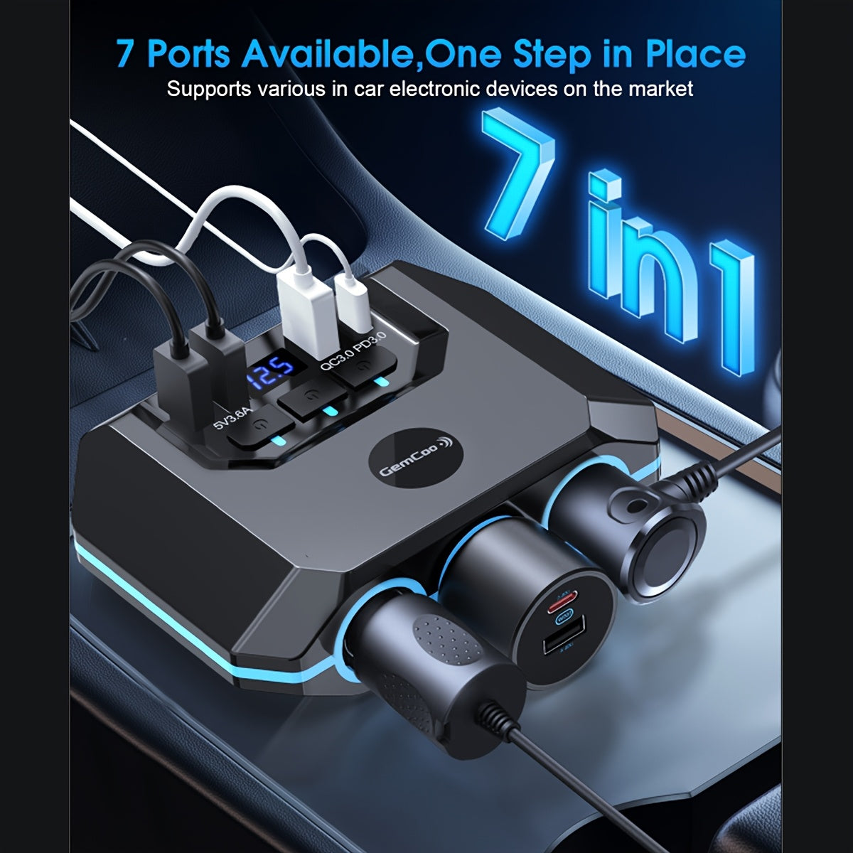 QC3.0 Car Lighter Socket Splitter Upgrade, 120W, Featuring 3 Sockets And 4 USB Ports with Dual PD 36W/QC3.0 Rapid Charging, LED Voltmeter, Individual Switches, 30-Inch Cable, Compatible with 12V-24V Vehicles
