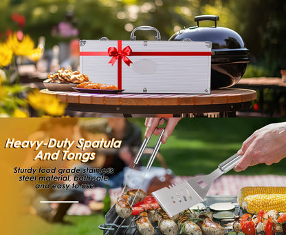 BBQ Griddle Tool Set with Aluminum Case, Oversized Spatula, Griddle Cover & Grill Scraper, Portable Outdoor Grilling Kit for Camping Parties Family Gatherings