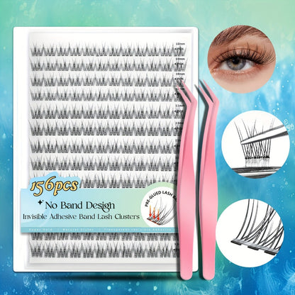 Pre-Glued Wispy Press-On Lash Clusters Kit with 2 Tweezers — Self-Adhesive No Glue Needed, Natural & Thick Fluffy Volume, Reusable Beginner-Friendly Individual Cluster Eyelashes for Daily Wear