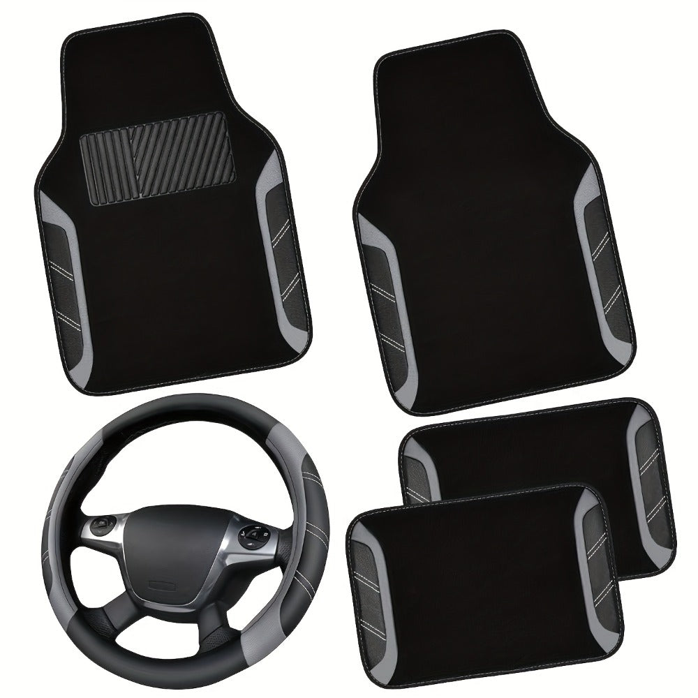 Steering Wheel Cover & Waterproof Car Floor Mats Combo Set – Microfiber Anti-Slip Universal Fit 14.5-15 Inch for 95% Sedan SUV Cars – Sporty Comfortable Design (Black & Blue / Beige / Red / Pink / Gray)