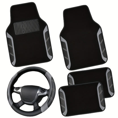 Steering Wheel Cover & Waterproof Car Floor Mats Combo Set – Microfiber Anti-Slip Universal Fit 14.5-15 Inch for 95% Sedan SUV Cars – Sporty Comfortable Design (Black & Blue / Beige / Red / Pink / Gray)