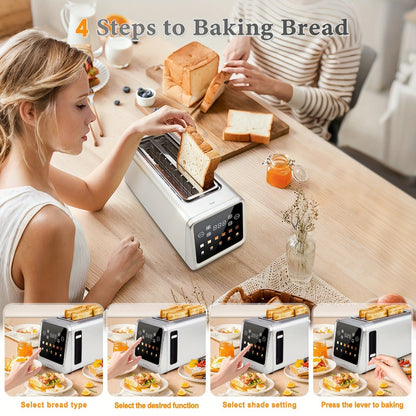 4-Slice Toaster Long Slot Stainless Steel – Touch Screen LED Display, 1.5" Wide Slots, Countdown Timer, Memory Function, Dual Control, 6 Shade Settings