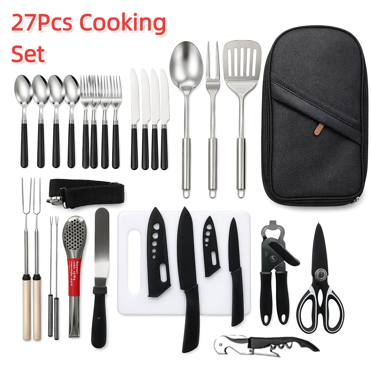 Camping Cookware Set Stainless Steel – 10 & 27 Piece Outdoor Cooking Utensil Kit with Organizer Bag for Camping, BBQ, Picnic, RV, Travel & Backpacking