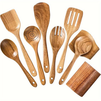 Teak Wood Kitchen Utensil Set 3 Piece Solid Wood Cooking Spoon Rice Spoon High Temperature Resistant Non-Stick Pan Safe Wooden Cooking Utensils Polished Finish Household Kitchen Tools