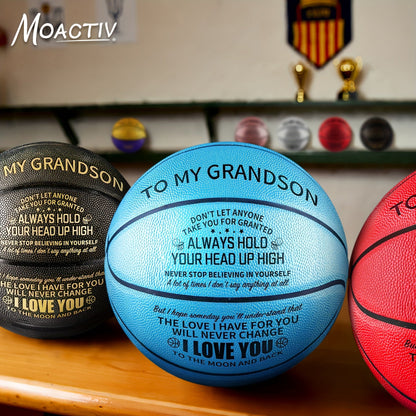 Engraved Basketball Gift for Grandson & Son - Size 7 PU Indoor Outdoor with Pump, Inspirational Message, Birthday Christmas Gift, Multi-Color